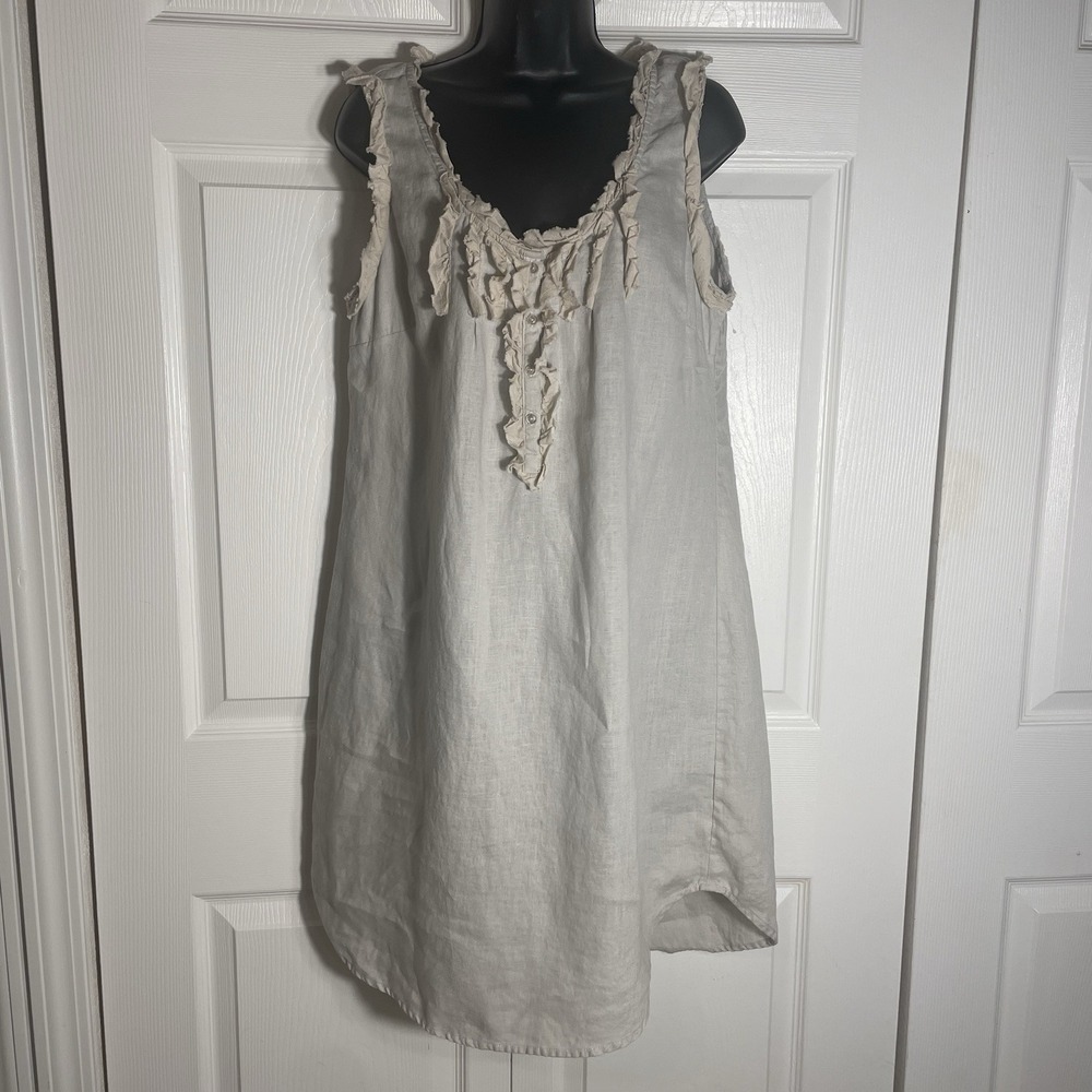 Va Vite Essentials 100% Linen Jenny Frill Dress Women 40 Beige Sleeveless Ruffle